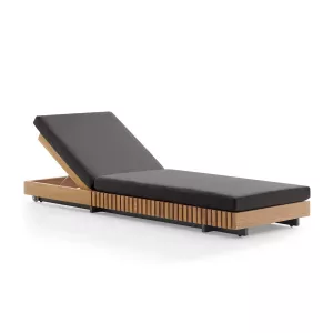 Powell Modern Outdoor Slatted Teak Wood Upholstered Modular Sectional Sofa | Lounge Chair