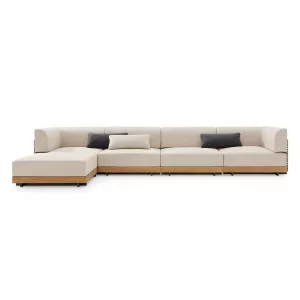 Powell Modern Outdoor Slatted Teak Wood Upholstered Modular Sectional Sofa | Combination 002
