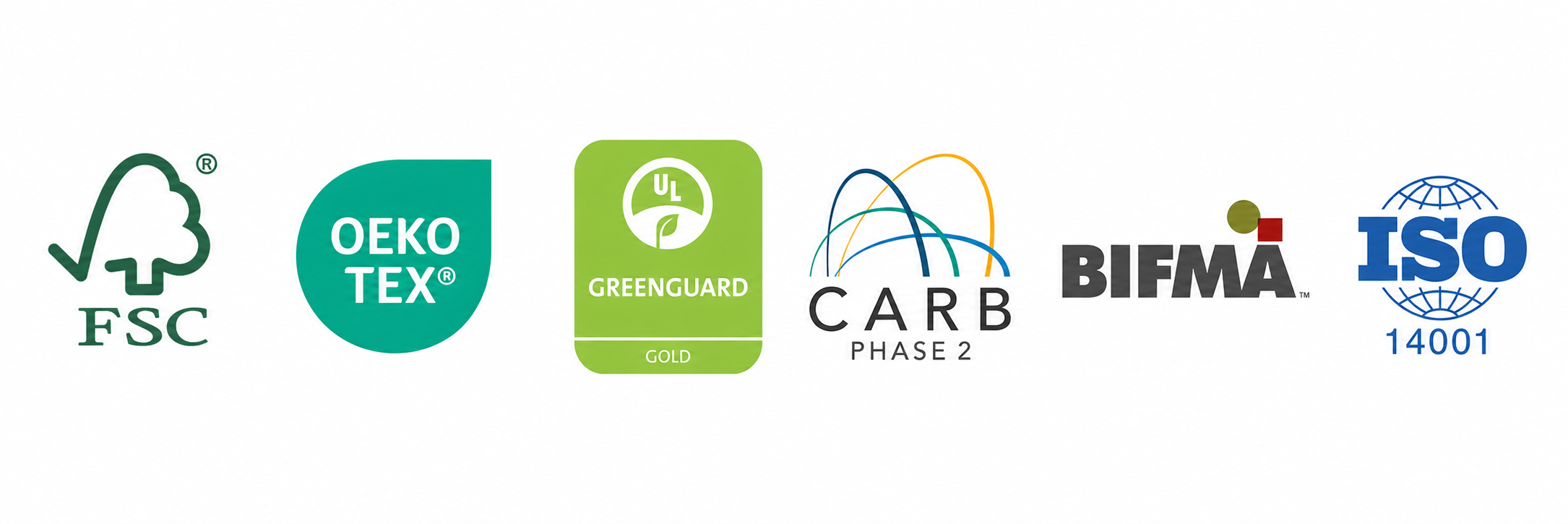 FSC, OEKO-TEX, GREENGUARD Gold, CARB Phase 2, BIFMA, and ISO 14001 certification marks